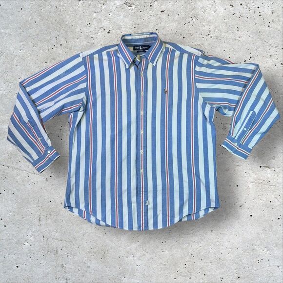 Vtg Ralph Lauren Oxford Shirt Mens L Striped Button Down Blue Red Flesh Pony - Picture 1 of 12